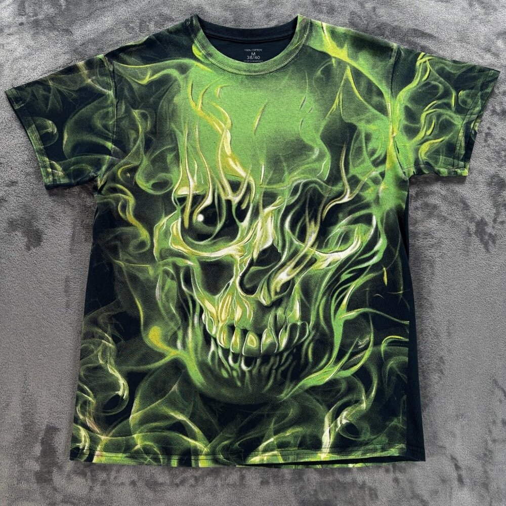 Social Media Skull Graphic T Shirt Mens M Green Flames 3 6 Mafia Rap Bootleg